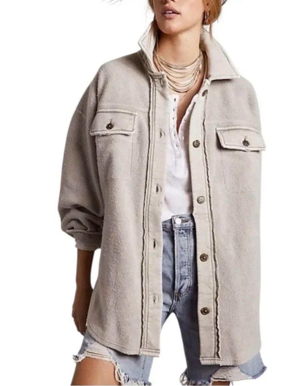 Free People Ruby Oversized Fleece Shacket - Beige size Medium